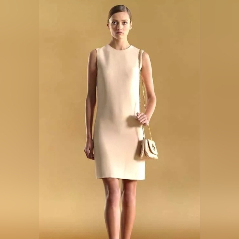 GUCCI Beige Silk Backless Shift Dress with Leather Strap Detail, NWT - Picture 2 of 9